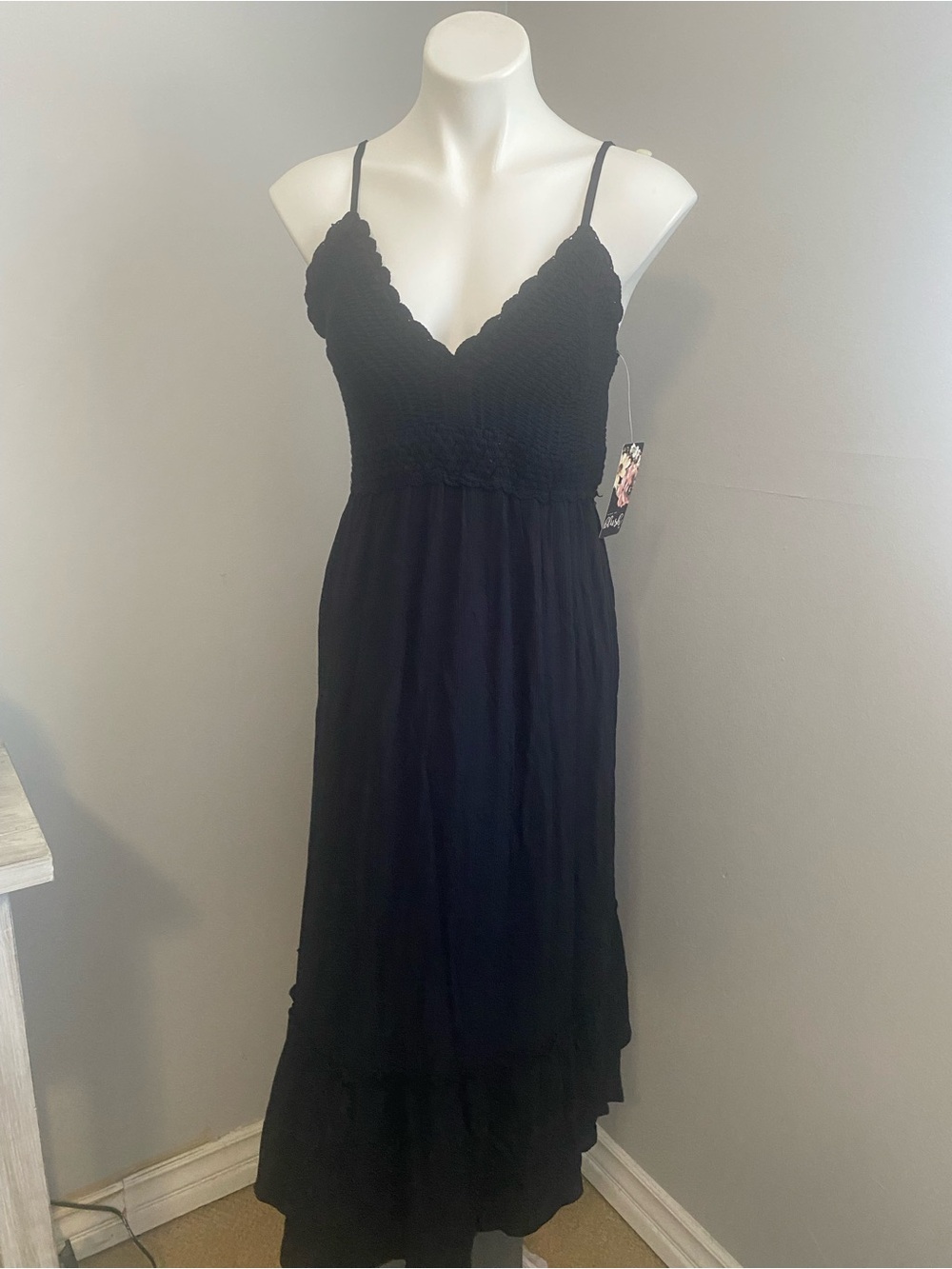 Blush Black Maxi Dress with Floral Tag Accent